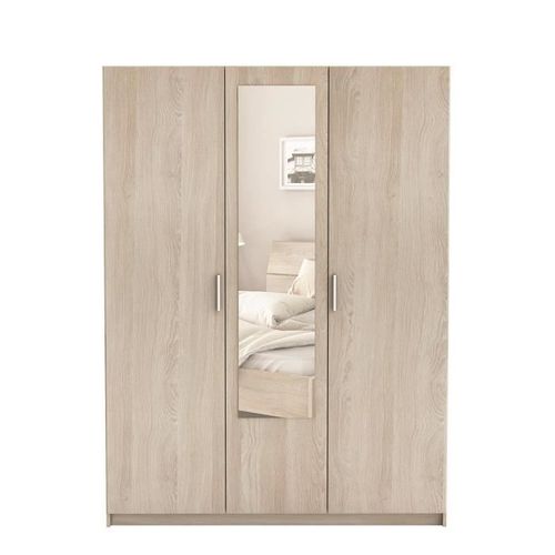 PRICY Ensemble Lit 140x190 cm + Armoire 3 portes + 2 chevets - Décor chene Shannon et - Photo n°2; ?>