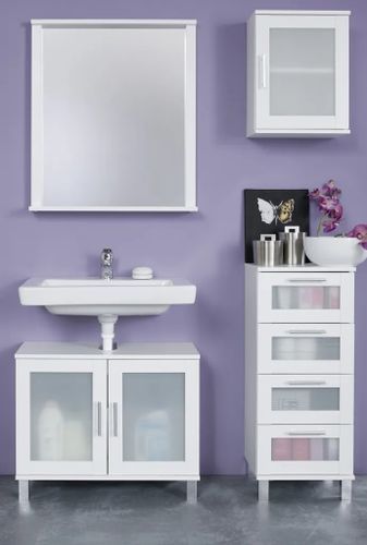 Rangement salle de bain 4 tiroirs vitrés mélaminé blanc Lunel - Photo n°2; ?>