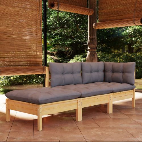 Salon de jardin 3 pcs avec coussins gris Bois de pin massif - Photo n°2; ?>