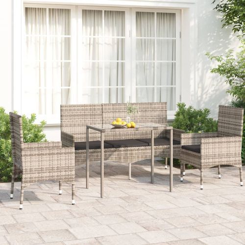 Salon de jardin 4 pcs avec coussins Gris Résine tressée - Photo n°2; ?>