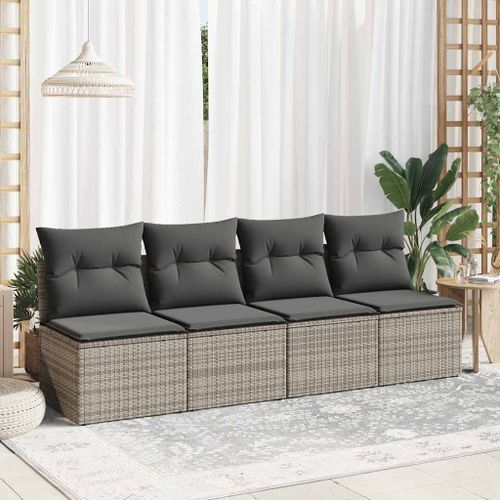 Salon de jardin 4 pcs avec coussins gris résine tressée acacia - Photo n°3; ?>