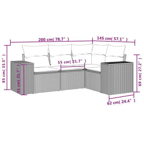 Salon de jardin 4 pcs avec coussins marron résine tressée - Photo n°3; ?>