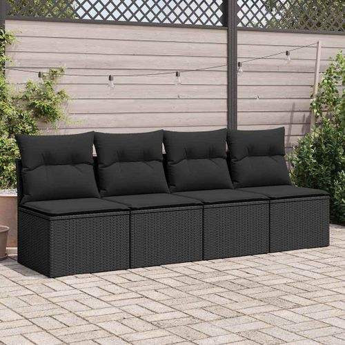 Salon de jardin 4 pcs avec coussins noir résine tressée acacia - Photo n°3; ?>