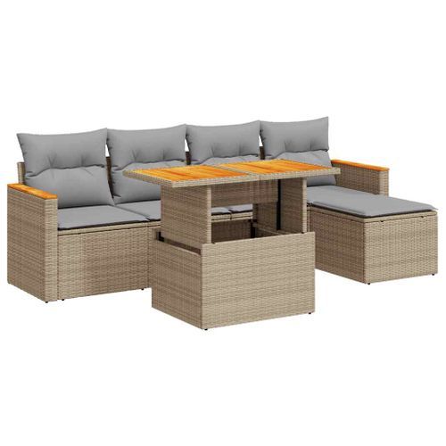 Salon de jardin 6 pcs avec coussins beige résine tressée acacia - Photo n°2; ?>