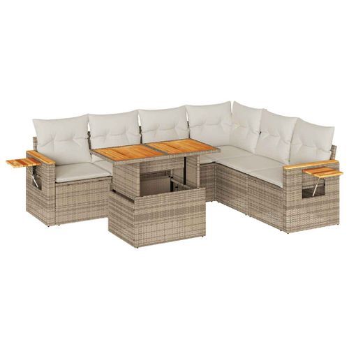 Salon de jardin 6 pcs avec coussins beige résine tressée acacia - Photo n°2; ?>