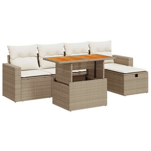 Salon de jardin 6 pcs avec coussins beige résine tressée acacia - Photo n°2; ?>