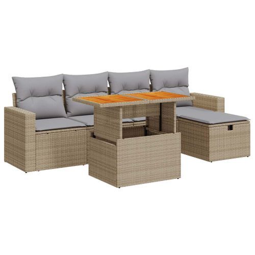 Salon de jardin 6 pcs avec coussins beige résine tressée acacia - Photo n°2; ?>