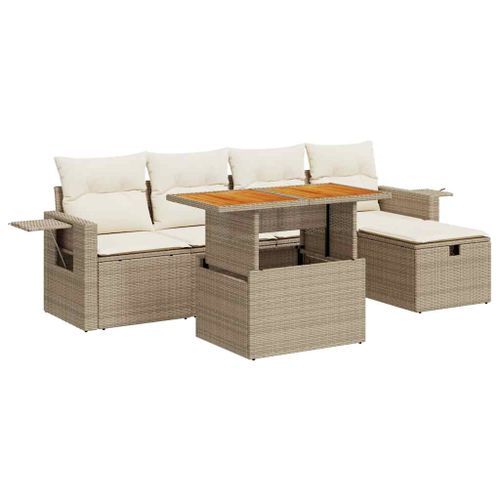 Salon de jardin 6 pcs avec coussins beige résine tressée acacia - Photo n°2; ?>