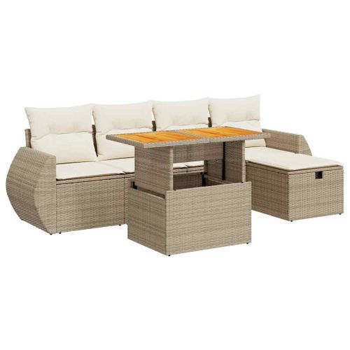 Salon de jardin 6 pcs avec coussins beige résine tressée acacia - Photo n°2; ?>