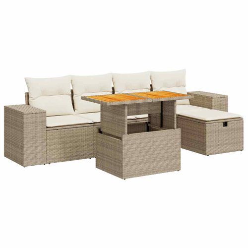 Salon de jardin 6 pcs avec coussins beige résine tressée acacia - Photo n°2; ?>