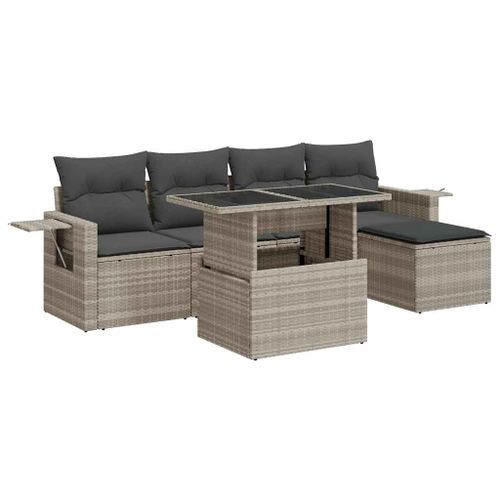 Salon de jardin 6 pcs avec coussins gris clair résine tressée - Photo n°2; ?>