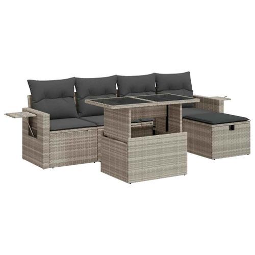 Salon de jardin 6 pcs avec coussins gris clair résine tressée - Photo n°2; ?>