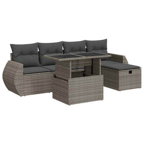 Salon de jardin 6 pcs avec coussins gris résine tressée - Photo n°2; ?>