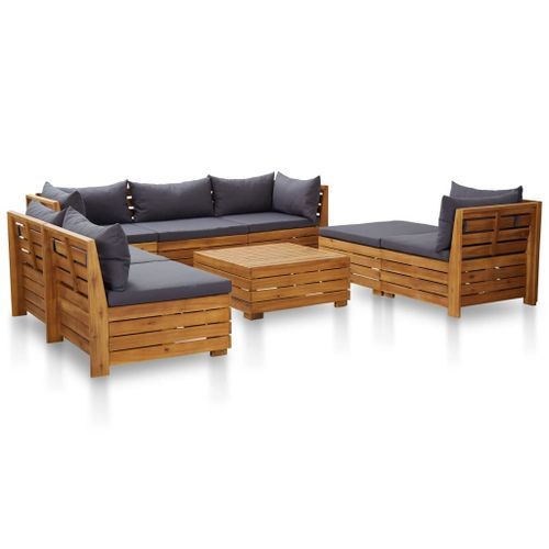 Salon de jardin 8 pcs avec coussins Bois d'acacia Gris foncé - Photo n°3; ?>