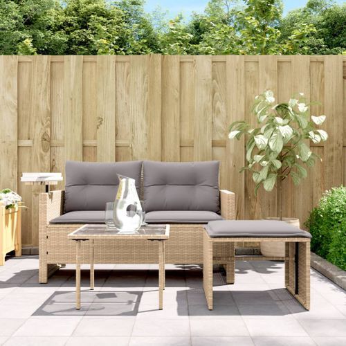 Salon de jardin avec coussins 3 pcs beige résine tressée - Photo n°3; ?>