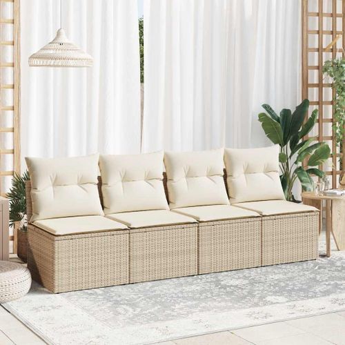 Salon de jardin avec coussins 4 pcs beige résine tressée acacia - Photo n°3; ?>