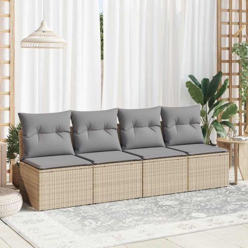 Salon de jardin avec coussins 4 pcs beige résine tressée acacia - Photo n°3; ?>