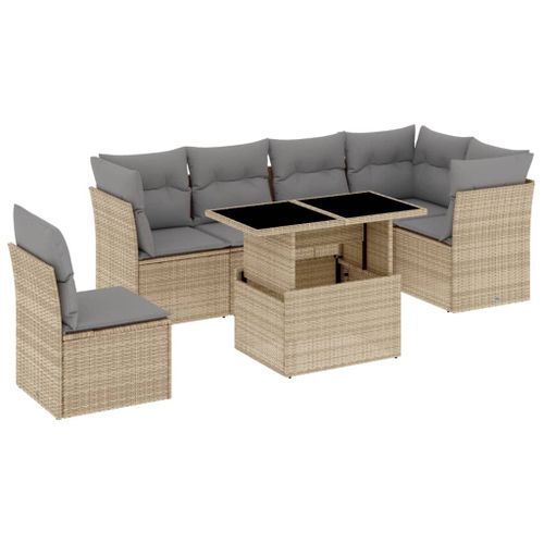 Salon de jardin avec coussins 7 pcs beige résine tressée - Photo n°2; ?>