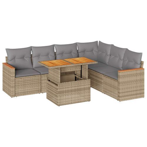 Salon de jardin avec coussins 7 pcs beige résine tressée acacia - Photo n°2; ?>