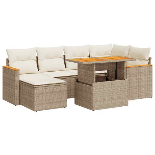 Salon de jardin avec coussins 7 pcs beige résine tressée acacia - Photo n°2; ?>