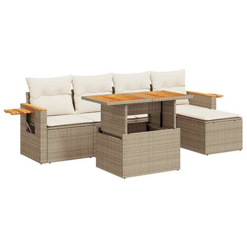 Salon de jardin avec coussins 7 pcs beige résine tressée acacia - Photo n°2; ?>