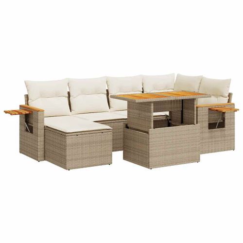 Salon de jardin avec coussins 7 pcs beige résine tressée acacia - Photo n°2; ?>