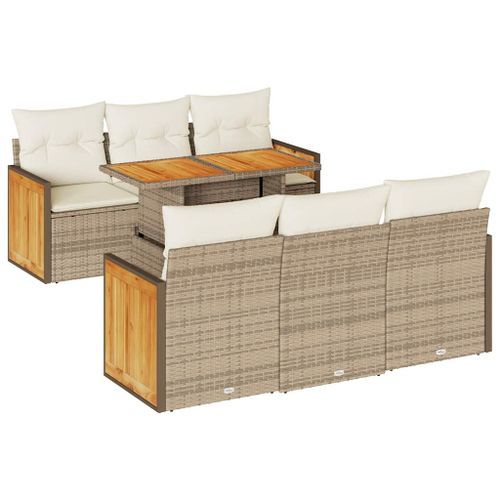 Salon de jardin avec coussins 7 pcs beige résine tressée acacia - Photo n°2; ?>