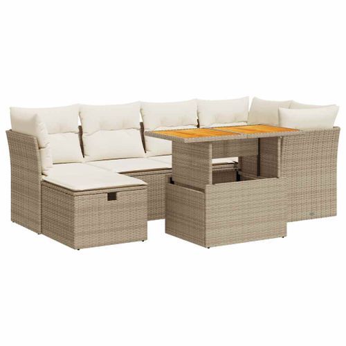 Salon de jardin avec coussins 7 pcs beige résine tressée acacia - Photo n°2; ?>