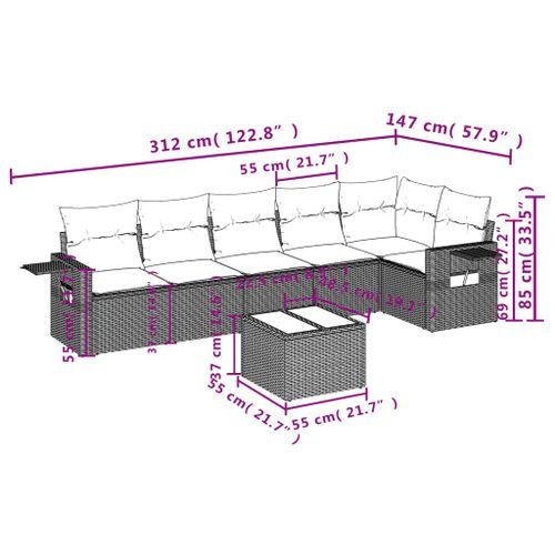 Salon de jardin avec coussins 7 pcs gris clair résine tressée - Photo n°3; ?>