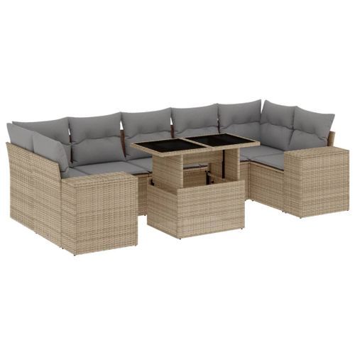 Salon de jardin avec coussins 8 pcs beige résine tressée - Photo n°2; ?>