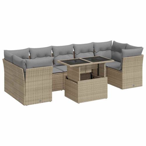 Salon de jardin avec coussins 8 pcs beige résine tressée - Photo n°2; ?>