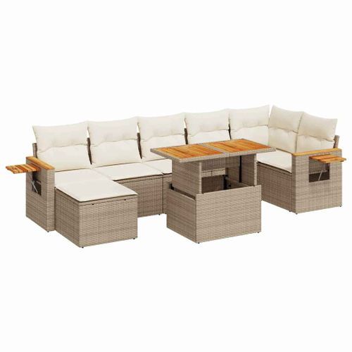 Salon de jardin avec coussins 8 pcs beige résine tressée acacia - Photo n°2; ?>