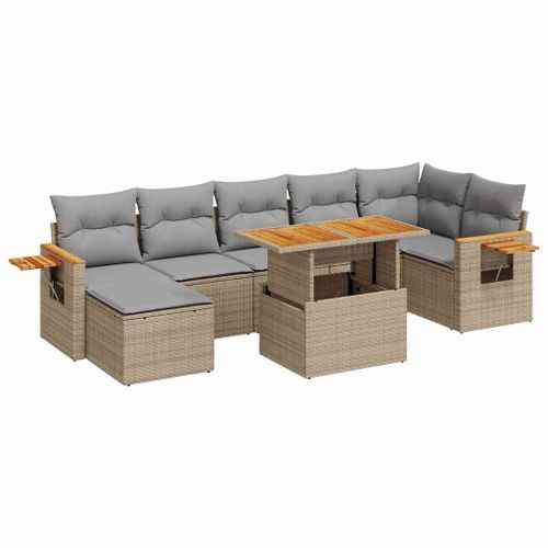 Salon de jardin avec coussins 8 pcs beige résine tressée acacia - Photo n°2; ?>