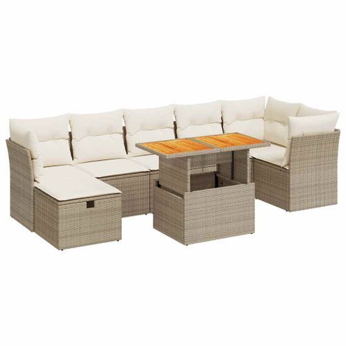 Salon de jardin avec coussins 8 pcs beige résine tressée acacia - Photo n°2; ?>