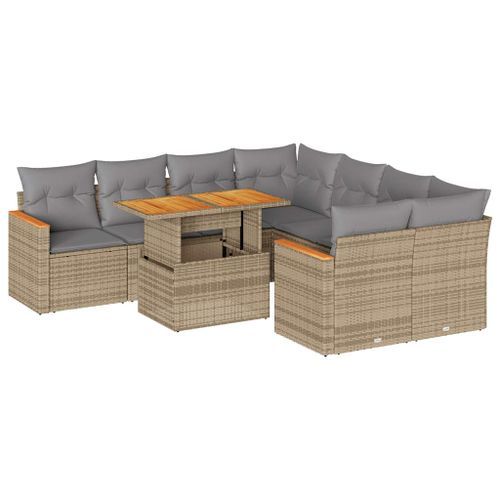 Salon de jardin avec coussins 9 pcs beige résine tressée acacia - Photo n°2; ?>