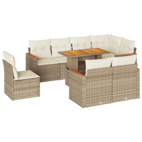 Salon de jardin avec coussins 9 pcs beige résine tressée acacia - Photo n°2; ?>