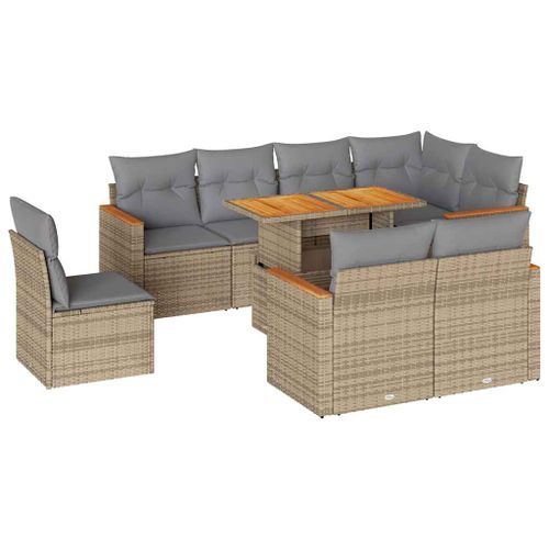 Salon de jardin avec coussins 9 pcs beige résine tressée acacia - Photo n°2; ?>