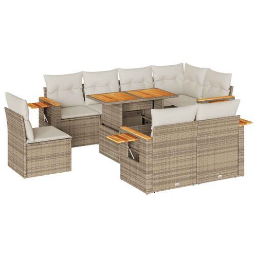 Salon de jardin avec coussins 9 pcs beige résine tressée acacia - Photo n°2; ?>