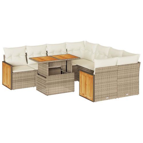 Salon de jardin avec coussins 9 pcs beige résine tressée acacia - Photo n°2; ?>