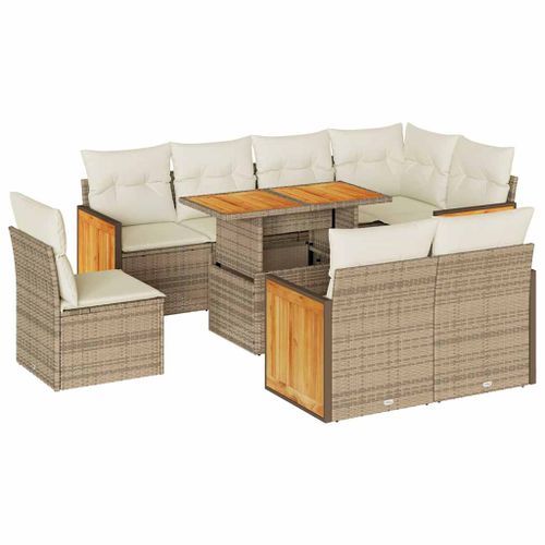 Salon de jardin avec coussins 9 pcs beige résine tressée acacia - Photo n°2; ?>