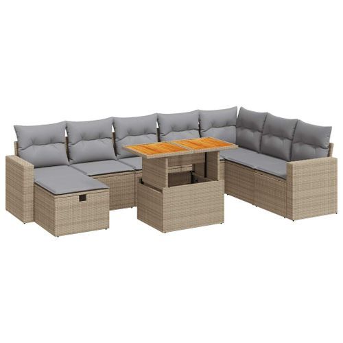 Salon de jardin avec coussins 9 pcs beige résine tressée acacia - Photo n°2; ?>