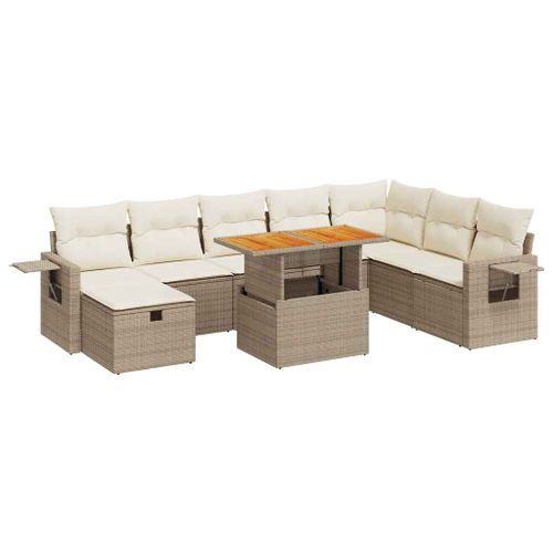 Salon de jardin avec coussins 9 pcs beige résine tressée acacia - Photo n°2; ?>