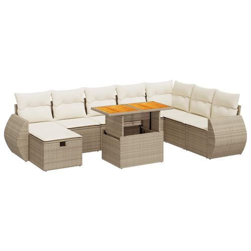 Salon de jardin avec coussins 9 pcs beige résine tressée acacia - Photo n°2; ?>