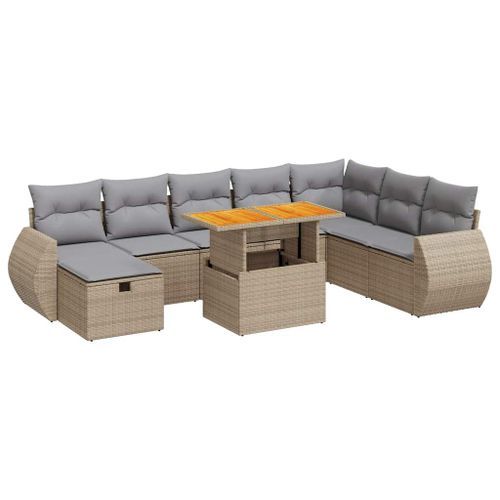 Salon de jardin avec coussins 9 pcs beige résine tressée acacia - Photo n°2; ?>