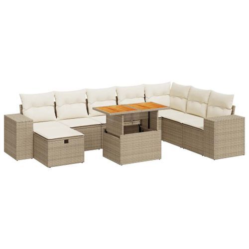 Salon de jardin avec coussins 9 pcs beige résine tressée acacia - Photo n°2; ?>