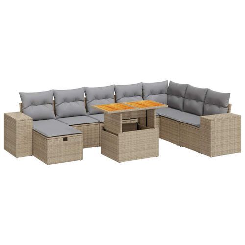 Salon de jardin avec coussins 9 pcs beige résine tressée acacia - Photo n°2; ?>