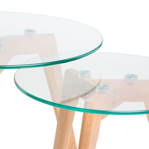 Set de 2 tables basses gigognes verre trempé et bois naturel Fiord - Photo n°3; ?>