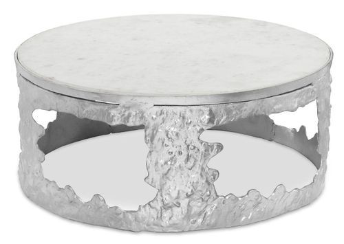 Set de 2 tables basses marbre blanc et métal nickel Melton D 80/D 60 cm - Photo n°3; ?>