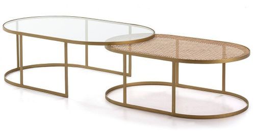 Set de 2 tables basses ovales verre transparent rotin naturel et métal doré 130/110 cm - Photo n°2; ?>