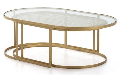 Set de 2 tables basses ovales verre transparent rotin naturel et métal doré 130/110 cm - Photo n°3; ?>